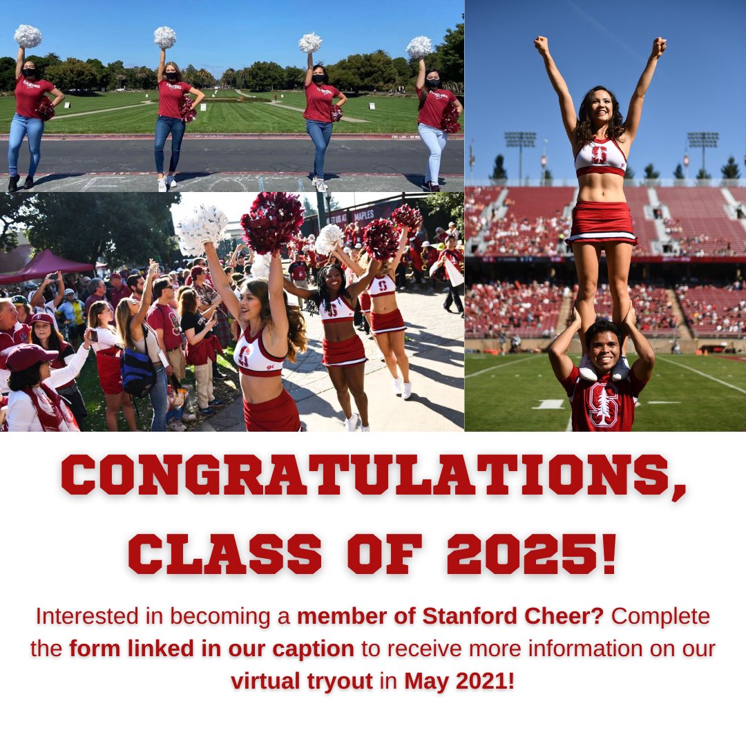 stanfordcheer's tweet photo. Congratulations, Class of 2025! We’re cheering you on during this exciting time. Are you interested in becoming a member of Stanford Cheer? For information about our virtual tryout in May, please fill out the Google Form here: https://t.co/bTqncuWMxQ.  Welcome to Stanford! https://t.co/nA24hu1bjL