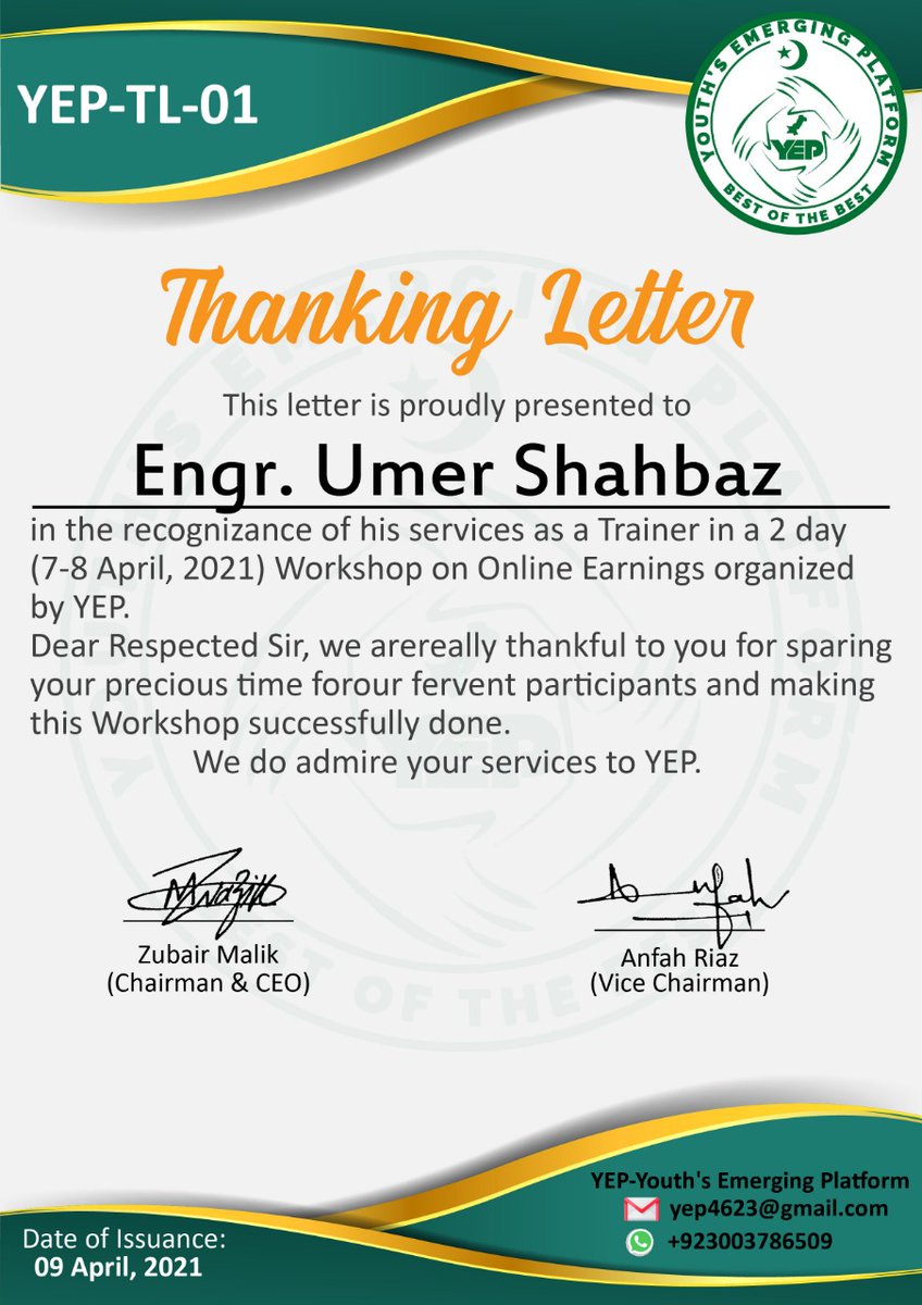 yeppakofficial's tweet photo. It has been a great honour for us to have a great personality #Sir_Engr_Umer_Shahbaz as a Trainer of the very #First_Workshop on #Online_Earnings organized by YEP on 7-8 April, 2021. YEP says a very #Big_Thank while recognizing the services provided.
#Thank_You_Respected_Sir https://t.co/8LJsgmZtUl