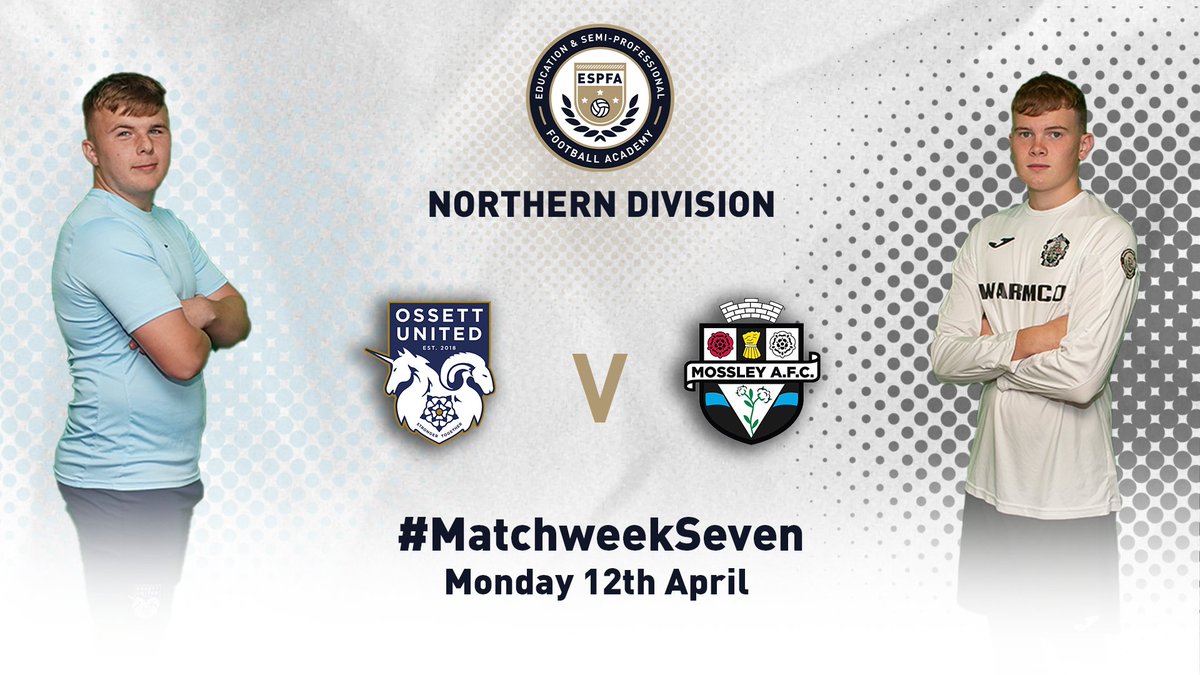 #MatchweekSeven

<a href="/OssettUnited/">Ossett United FC</a> v <a href="/MossleyAFC/">Mossley AFC</a> 

RT and follow <a href="/ESPFAcademy/">ESPFA</a> for match updates!

#Study #Train #Play