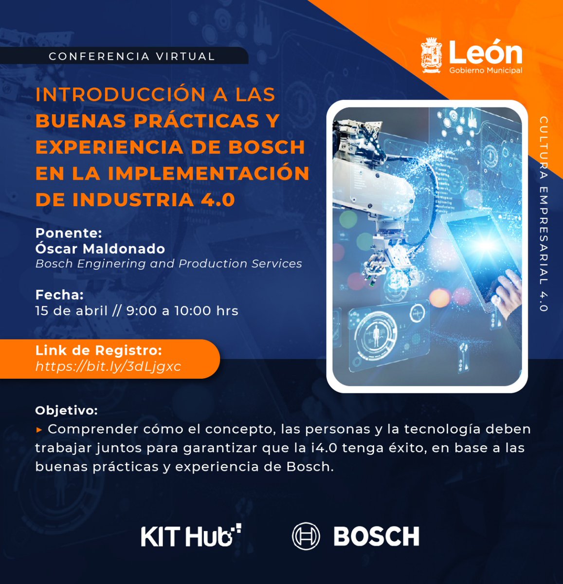 hub_kit's tweet image. 🔜No te puedes perder la conferencia online con BOSCH: INTRODUCCIÓN A LAS BUENAS PRÁCTICAS Y EXPERIENCIA EN LA IMPLEMENTACIÓN DE INDUSTRIA 4.0

📆 15 de abril

⏰ 9hrs 

🔻Registro
forms.gle/Ah2ANmojiqMWFx…