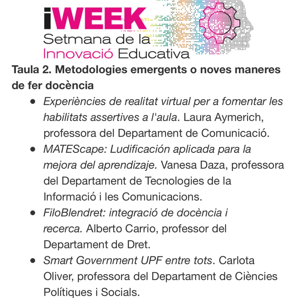 Carlota Oliver (@carlotaoliverb) on Twitter photo No te pierdas la primera semana de la INNOVACIÓN EDUCATIVA en la <a href="/UPFBarcelona/">UPF Barcelona</a>! Podrás descubrir iniciativas para mejorar la docencia y el aprendizaje y conocer lo último en lo que trabajamos desde el proyecto #SmartGovernmentUPF !!😊
📆 13 abril
📍Zoom
✏️ bit.ly/31XNgAf No te pierdas la primera semana de la INNOVACIÓN EDUCATIVA en la <a href="/UPFBarcelona/">UPF Barcelona</a>! Podrás descubrir iniciativas para mejorar la docencia y el aprendizaje y conocer lo último en lo que trabajamos desde el proyecto #SmartGovernmentUPF !!😊
📆 13 abril
📍Zoom
✏️ bit.ly/31XNgAf