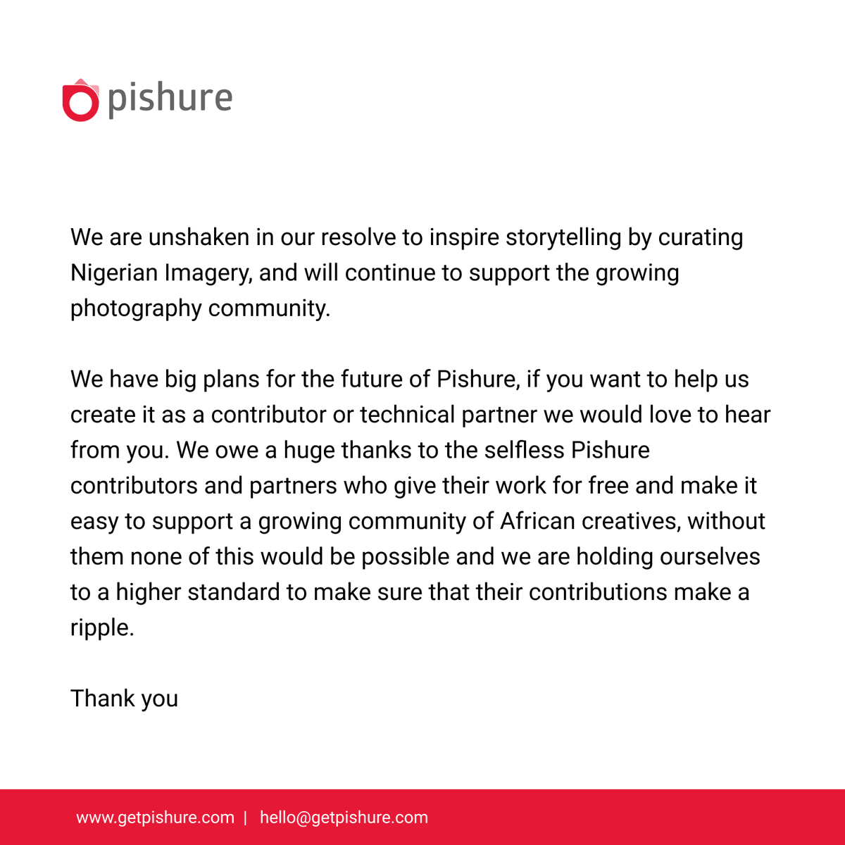 getPishure's tweet photo. While the events of the past few hours may come as an unnecessary bump in our journey, we are unshaken in our resolve to inspire visual storytelling through resonating Nigerian imagery. https://t.co/GqONGjaK4b