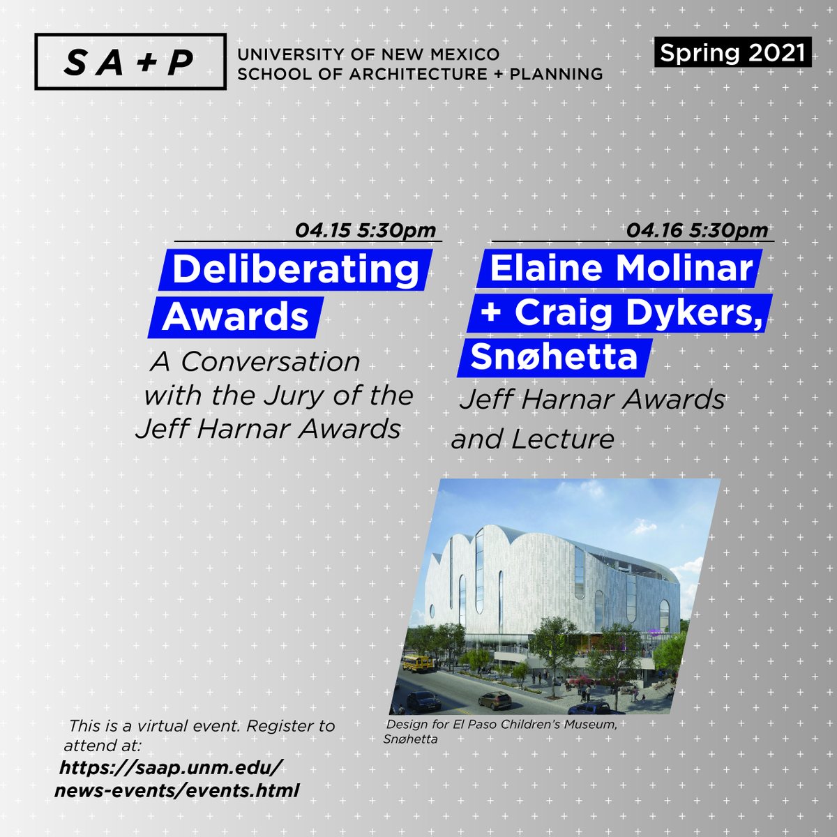 On April 15+16, SA+P will celebrate the Jeff Harnar Awards with a series of events. Join us on 4/15 for a roundtable with the jury. Awards will be presented 4/16 along with a lecture by Snøhetta partners Elaine Molinar and Craig Dykers. Register at: saap.unm.edu/news-events/ev…