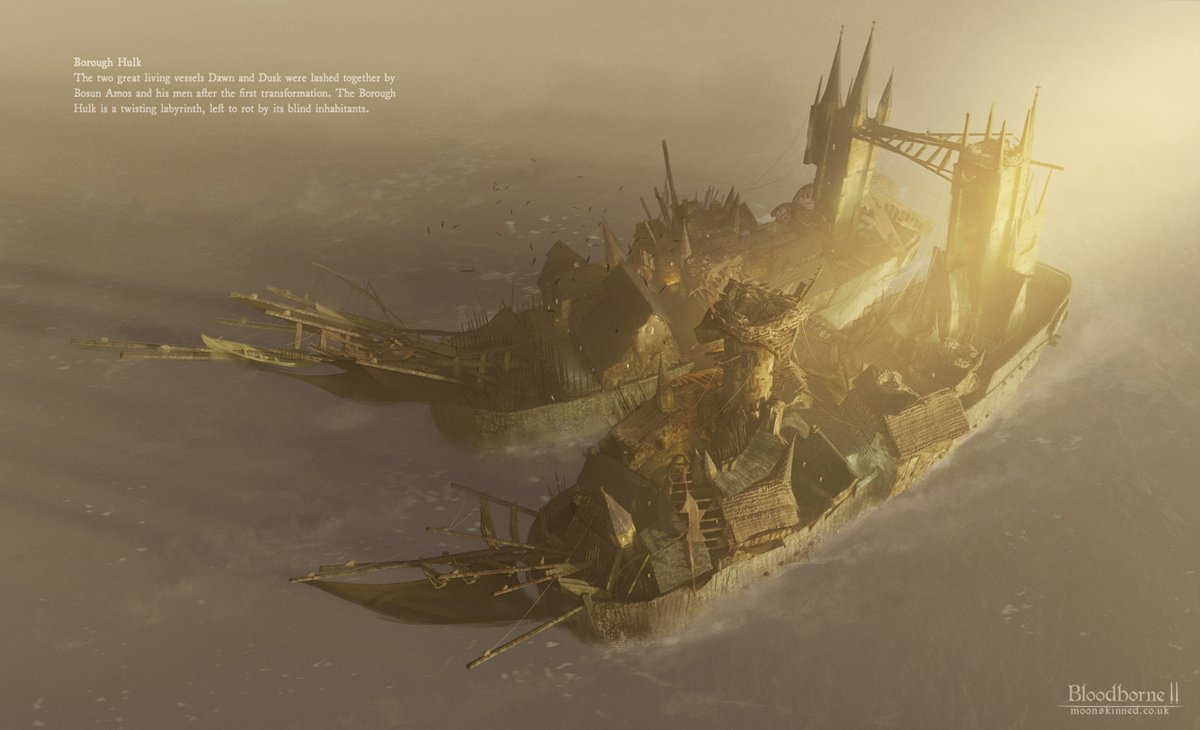 My entry for  @VaatiVidya 's Bloodborne 2 competition. The Healing Church Mission would be set entirely on a fleet of ships, taking the miracle of blood ministration across the seas. What could go wrong!  #bloodborne  #conceptart  #fromsoftware