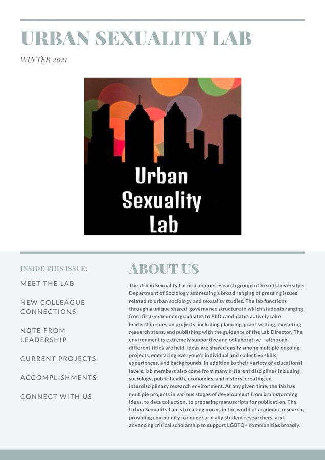 The Urban Sexuality Lab has been really busy this winter! 

Check out our Winter Newsletter to read up on our new colleagues and students, progress on our ongoing projects, info about some open positions in the lab, and what lies ahead! 

tinyurl.com/USLWinter