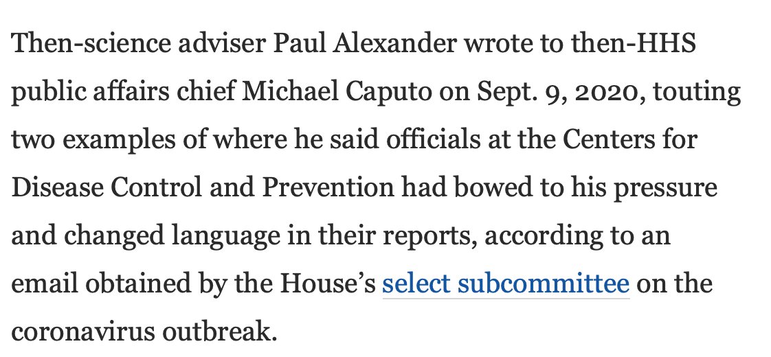Trump's then-science adviser Paul Alexander wrote to then-HHS public affairs chief Michael Caputo in Sept. 2020, "touting two examples of where he said officials at CDC had bowed to his pressure and changed language in their reports..."