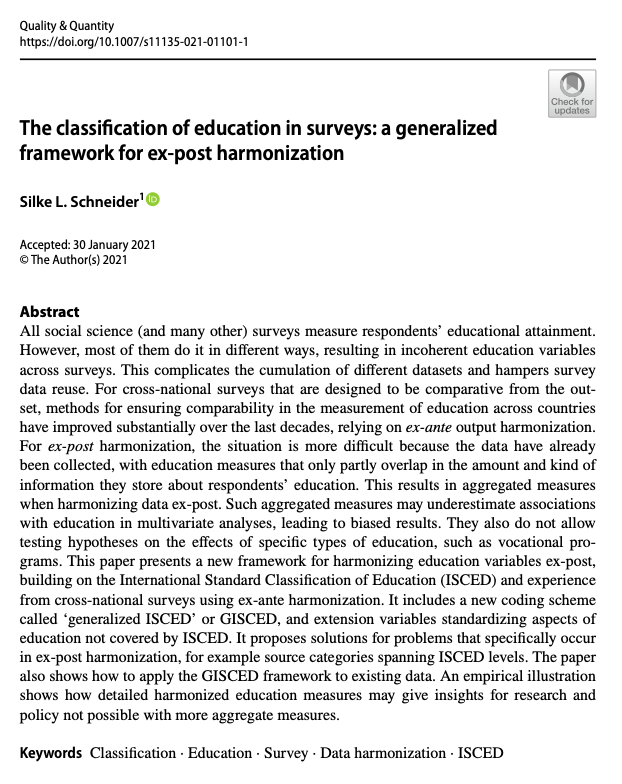 ESS_Survey's tweet photo. Our #survey was referenced in a new Quality &amp; Quantity article on the classification of respondents' level of education

@SilkeLSchneider (@gesis_org 🇩🇪) has proposed a new framework for harmonizing #education variables across large-scale #surveys.

https://t.co/ueKrkVrYG8 https://t.co/So8TbFPrAO