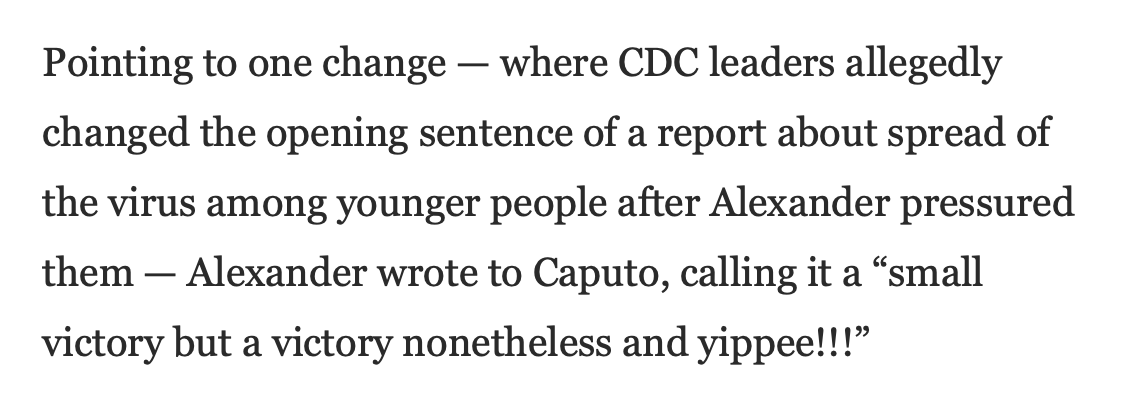 This is so bad. In response to pressure from Trump appointees in HHS, CDC leadership changed the opening sentence to a report about COVID-19 spreading among young people.