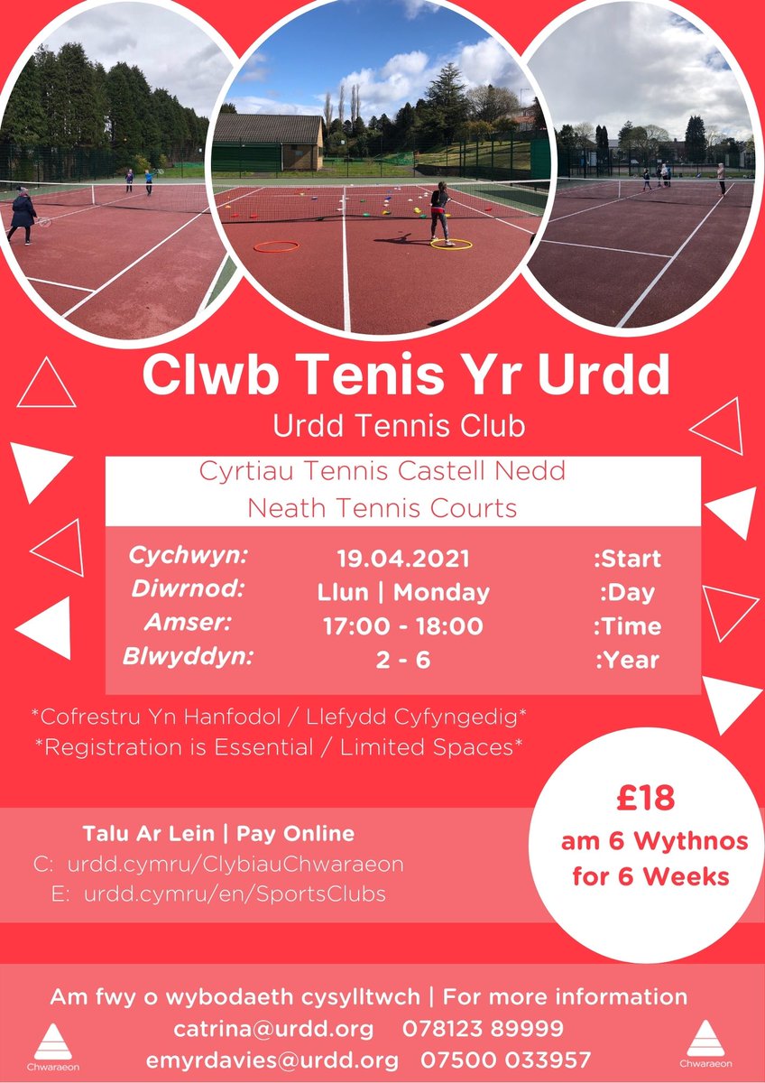 🔥🎾 NEWYDD🎾🔥

Yn dilyn llwyddiant ein gwersyll tenis dros y wyliau Pasg rydym yn hapus i lansio clwb wythnosol yn Cyrtiau Tenis Castell Nedd!

🗓️Cychwyn: 19/04
🕔17:00-18:00

I Gofrestru👇
urdd.cymru/ClybiauChwarae…