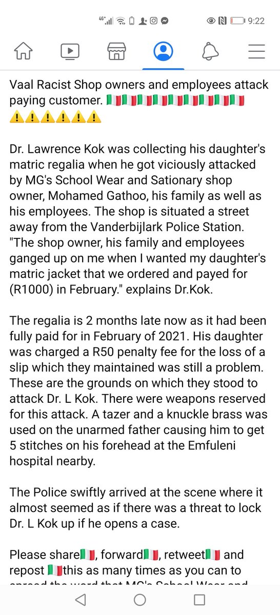 ChriseldaBlanco's tweet photo. Attention Vaal Twitter⚠️⚠️⚠️⚠️🇮🇹🇮🇹🇮🇹🇮🇹 please help me spread awareness on this shop called MG's uniform and Stationary. The owner and staff racially attacked my dad! 
#vaalTwitter #VaalTwitterdrive #vaal #RacismIsNotComedy #KeaDrive #ojewakeng https://t.co/4ZDiVCz0u5