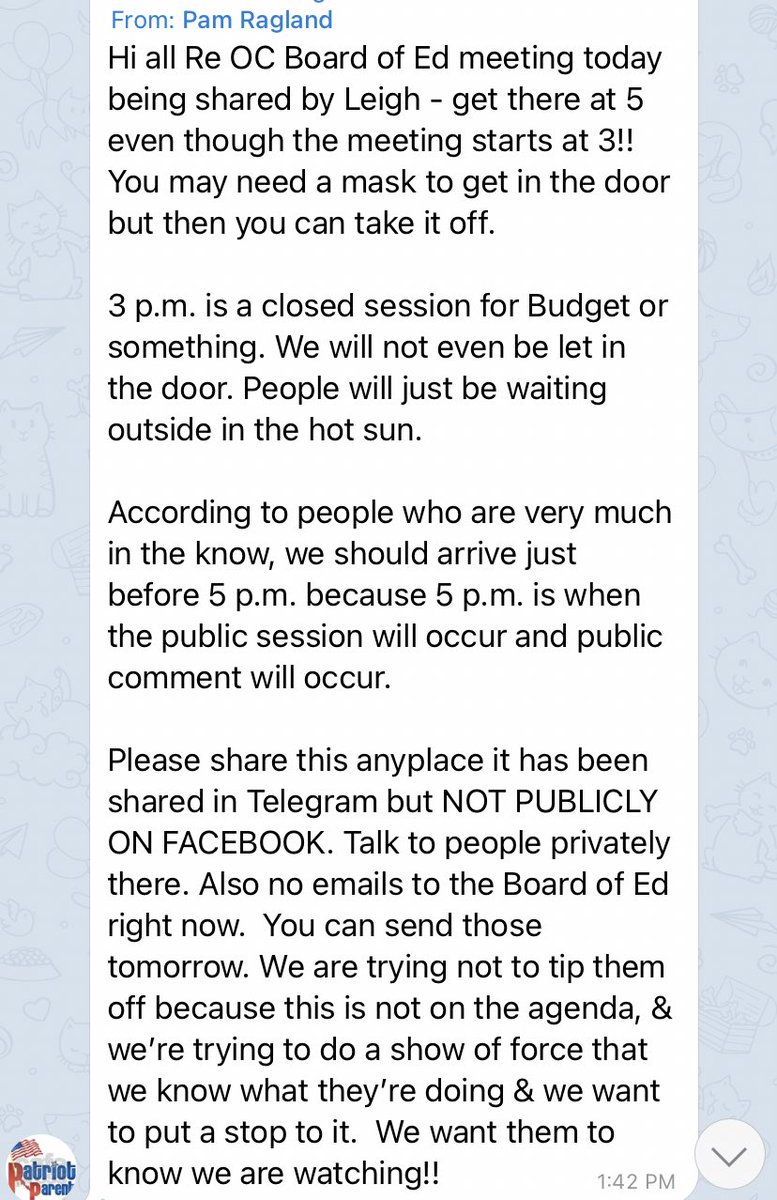 COVID response & updates was not on the agenda, which is why Dr Chau was not there. Info was purposely kept off social media bec Mari Barke & Leigh Dundas didn’t want comments that wouldn’t align with theirs & push the narrative that these people spoke for all of OC parents./9