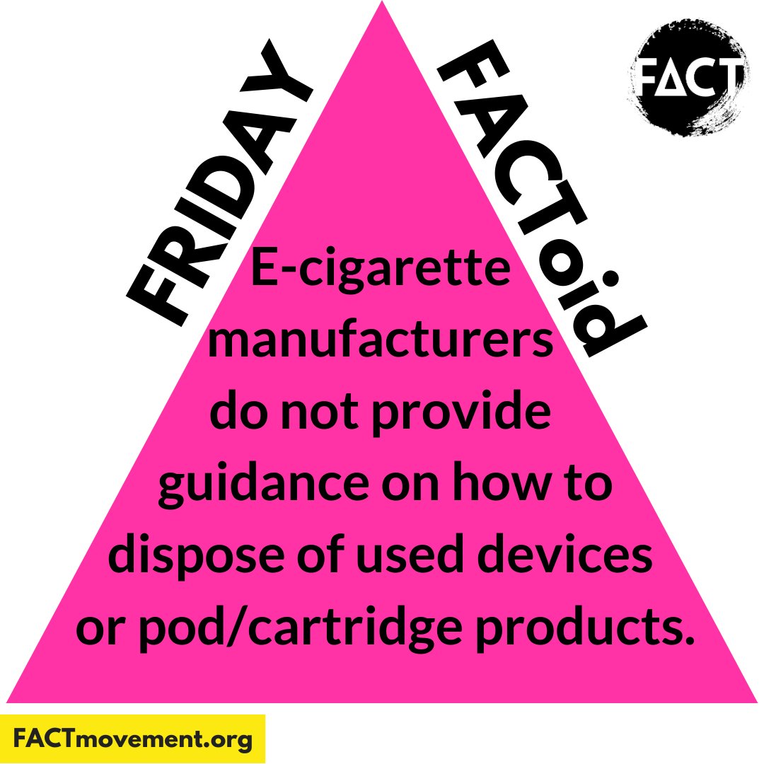 FACTmovement's tweet photo. E-cigarette manufacturers do not provide guidance to consumers on how to dispose of used devices or pod/cartridge products, and there are no receptacles or specific processes in place.
#FridayFACToid
#FACTmovement
#SpreadingTheTruthAboutTobacco
#TruthInitiative https://t.co/b3w13H88NB