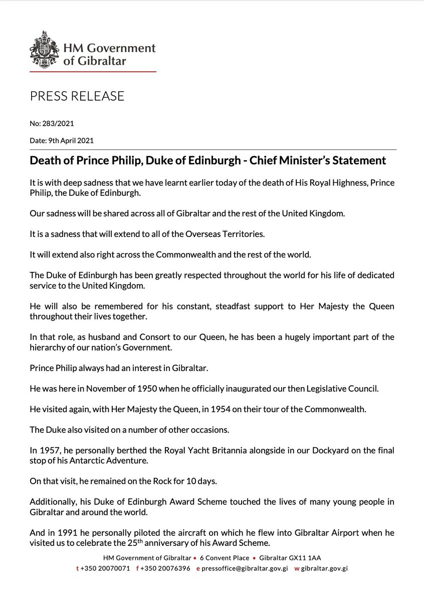 FabianPicardo's tweet photo. On the death of His Royal Highness The Prince Philip, Duke of Edinburgh, our thoughts are with Her Majesty The Queen and the Royal Family.  May The Duke of Edinburgh Rest in Peace and may God save The Queen. https://t.co/P3dahYG5qE