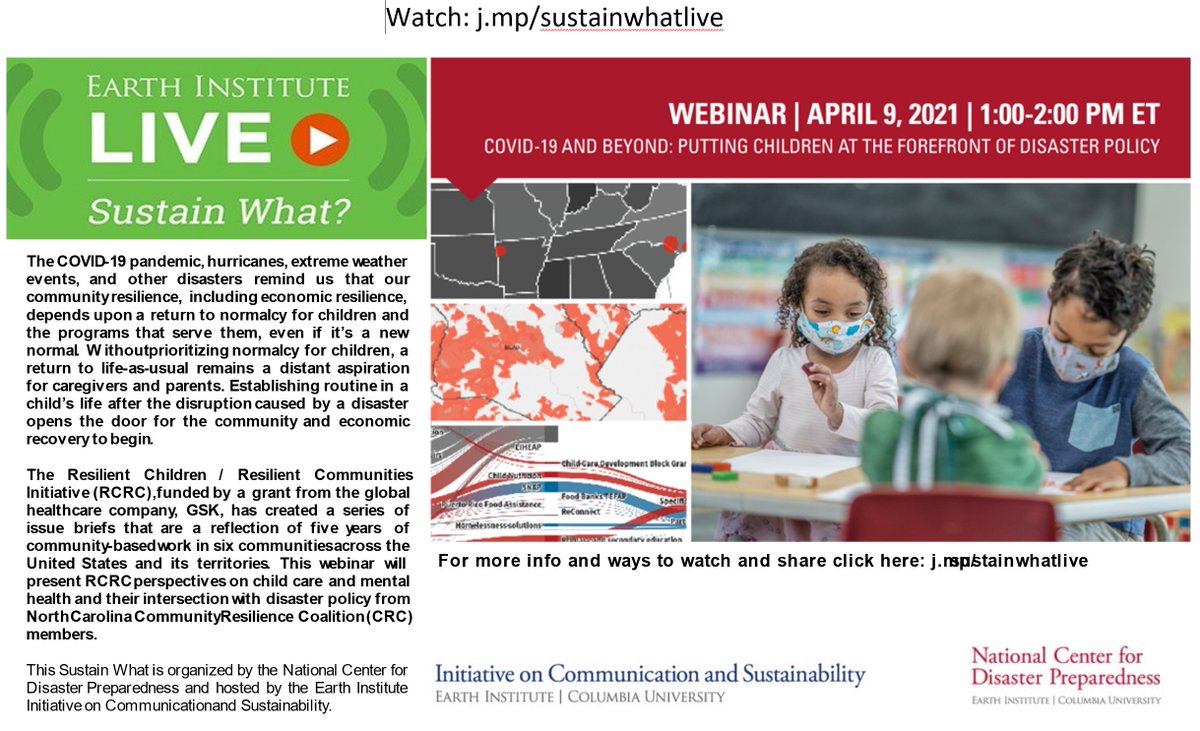 dalewillman's tweet photo. Strengthening community resilience to disasters by helping kids - a big win. Join us today for a talk on how to make this possible @columbia_ncdp #SustainWhat #ResilienceMedia https://t.co/q6gDFMtqQ0