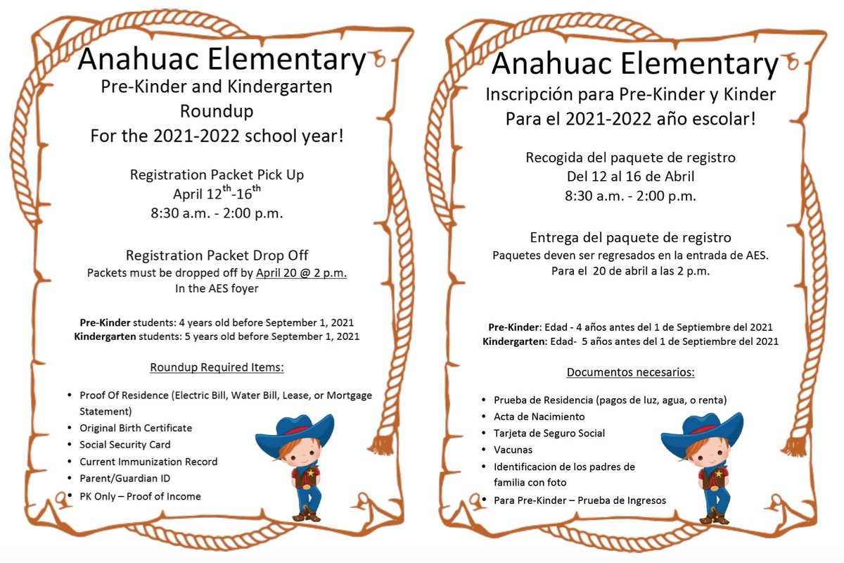 Anahuac_ELEM's tweet photo. 🔔 Don’t forget MONDAY begins PK/K Round Up

📆 4/12 - 4/16

🕣 8:30 a.m. - 2:00 p.m.

✅ Packets due back April 20th @ 2:00 p.m. 

Please see flyer for required items: https://t.co/GzYdGMPnLn