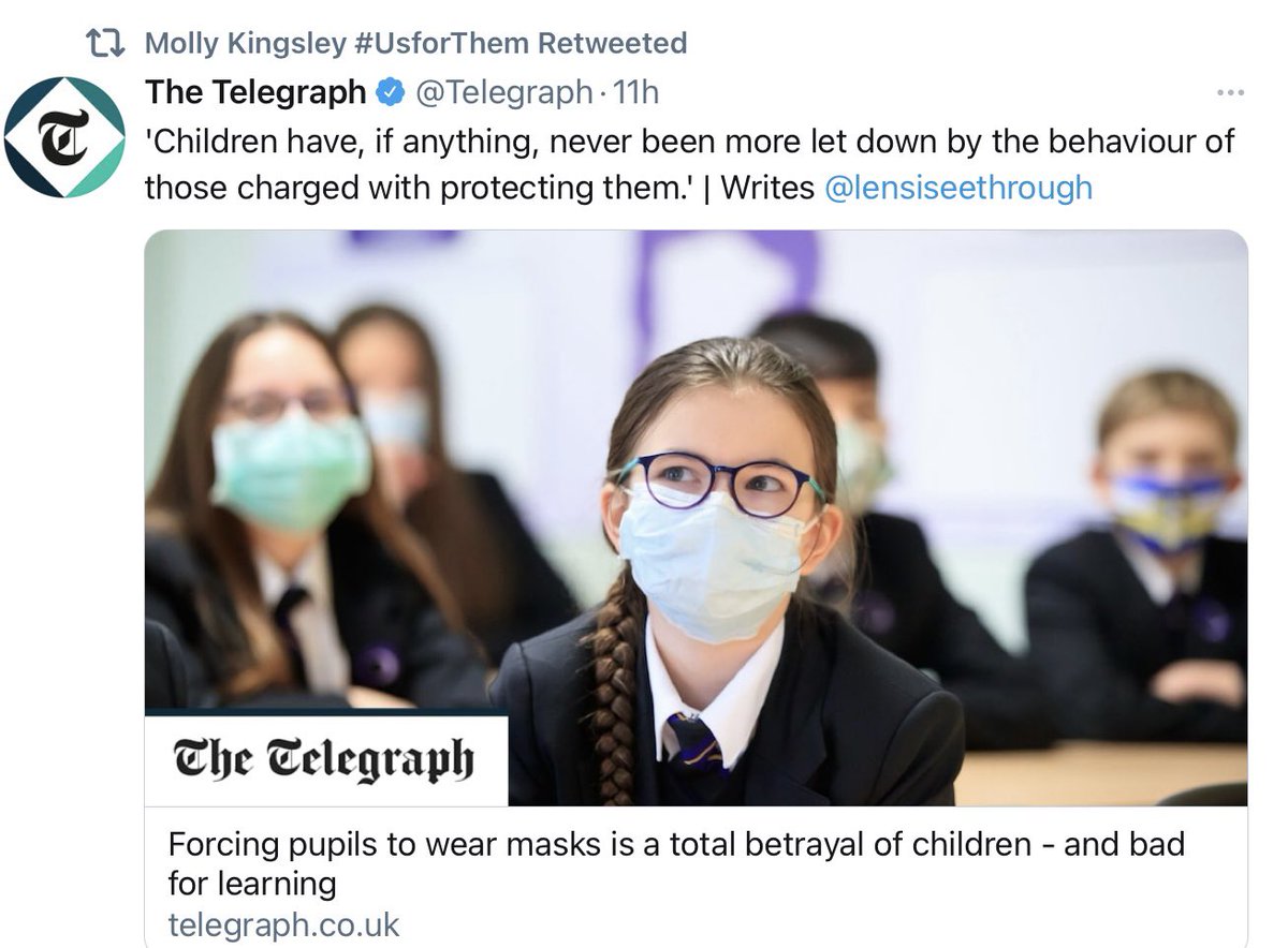 2)The usual suspects are there of course, including  #UsForThem, the  #CRG, the  #HartGroup et al. And the  @Telegraph has provided the perfect platform for  #MollyKingsley’s relentless “I don’t care if you get  #COVID19 or  #LongCovid as long as MY CHILD can go to school” savagery.