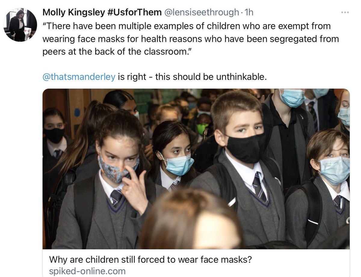 2)The usual suspects are there of course, including  #UsForThem, the  #CRG, the  #HartGroup et al. And the  @Telegraph has provided the perfect platform for  #MollyKingsley’s relentless “I don’t care if you get  #COVID19 or  #LongCovid as long as MY CHILD can go to school” savagery.