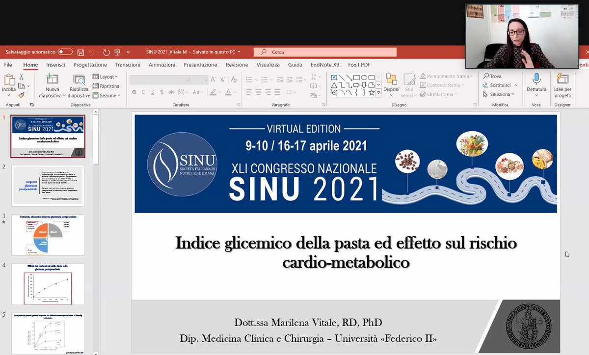 SINU_Italia's tweet photo. Termina il simposio la relazione della Dott.ssa Vitale (@marily1985) con una lecture sull'indice glicemico della #pasta e l'effetto sul rischio cardiometabolico! #SINU2021 https://t.co/AuOgyPCit9