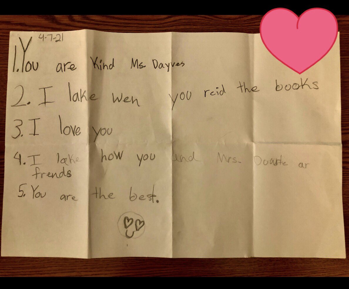 KathyDavisLMSW's tweet photo. When you are gifted with notes like this from a student “just because”.... 🥰 #grateful @CISDR is #allinforkids https://t.co/BQSLzuvhUv