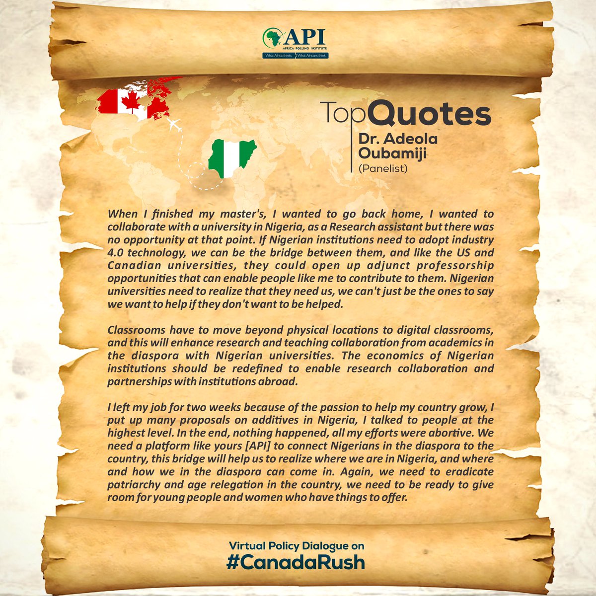 AfricaPolling's tweet photo. Excerpts from our Virtual Policy Dialogue on #CanadaRush.

Did you miss the session? 

You can watch full video here>>> https://t.co/c3gLsuwFBZ

CC: Dr. Adeola (Addy) Olubamiji (@DrOlubamiji) https://t.co/ECh5LJHtPJ