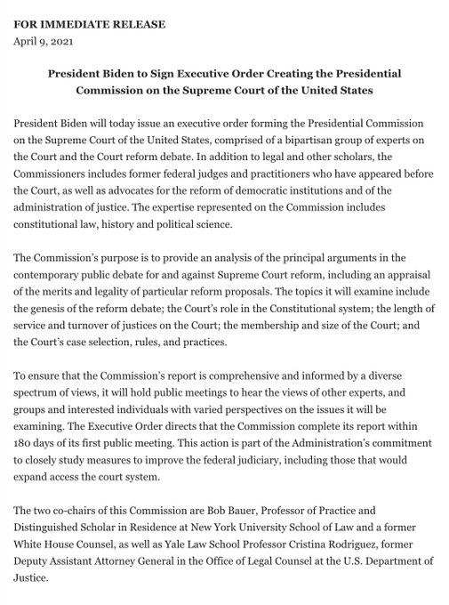 Yamiche's tweet image. WH announces a commission on the Supreme Court to look at, among other things, &quot;the Court’s role in the Constitutional system; the length of service and turnover of justices on the Court; the membership and size of the Court; and the Court’s case selection, rules, and practices.&quot;