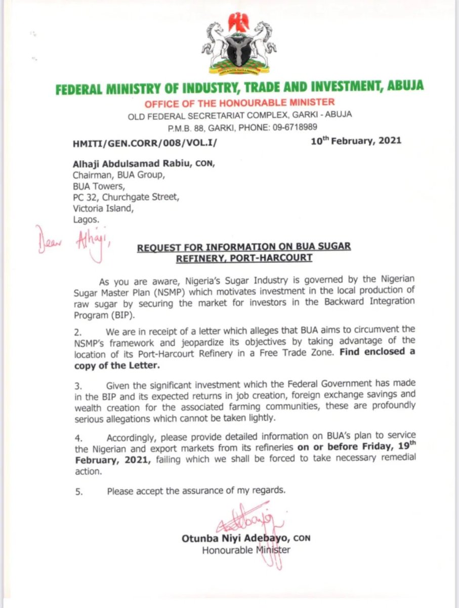 It was further shocking to see the letter written by the Minister of Industry and Trade to BUA Group Chairman dated February 10, 2021 to give detailed information on the company’s plan to service Nigeria and export market, failing which remedial action would be taken.  