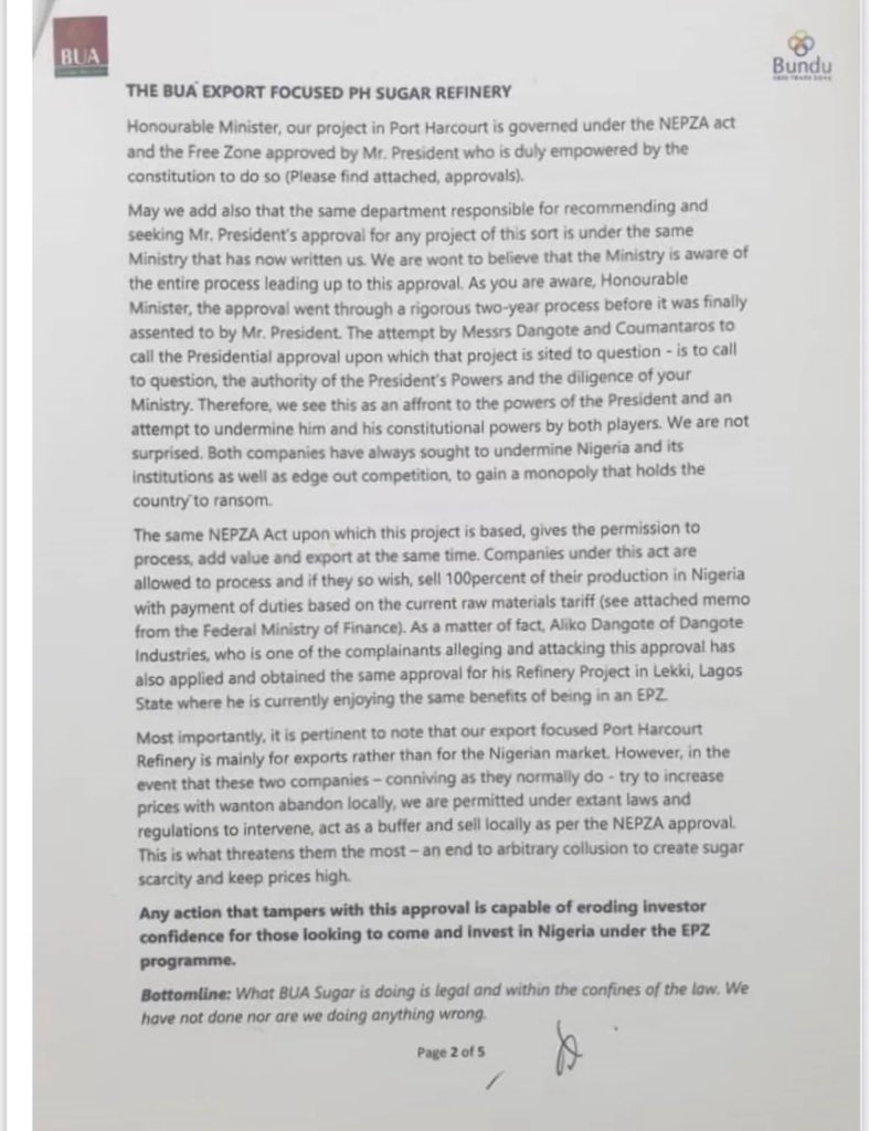 BUA Chairman responded in a lengthy letter on February 11, 2021 about its Backward Integration Investments, taking exception to the ludicrous claims by its competitors of its aim to circumvent the Backward Integration Programme (BIP) of the sector.