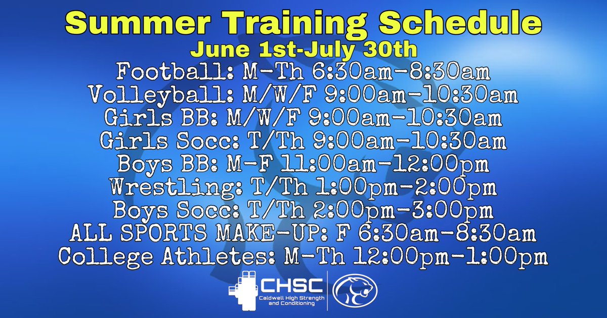 CoachJBravo's tweet photo. ‼️SUMMER SCHEDULE‼️
Here is the summer training schedule for June 1st - July 30th.
#CHStrength #ChopWood #Culture https://t.co/9A5KZ3lDeu