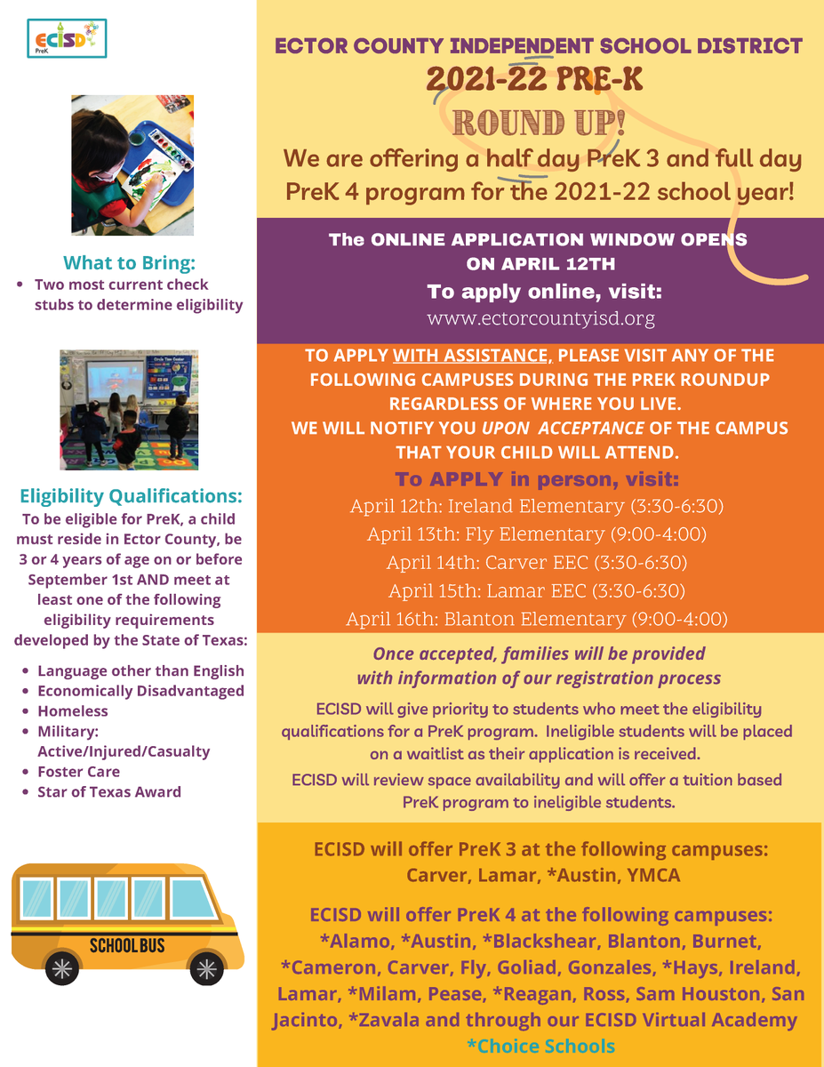 EctorCountyISD's tweet photo. We are looking for next year's PreK students! Full day PK for 4-year-olds, half day PK for 3-year-olds. The application period starts Monday &amp; #TeamECISD will be on location each day next to help any who need assistance with the application process. @ECISD_EarlyEd https://t.co/7IBieVrJ7v