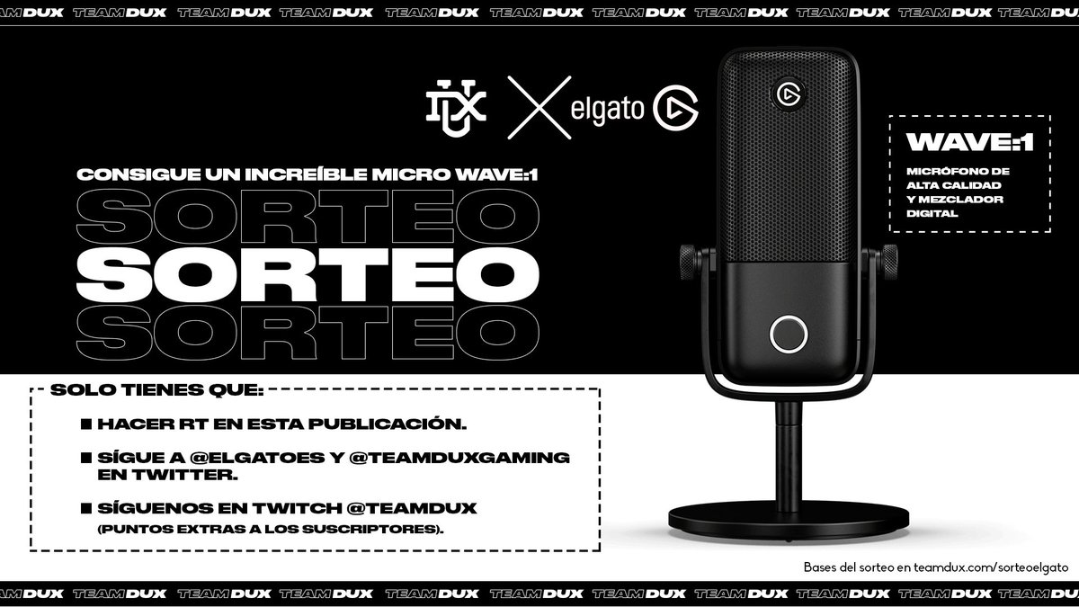 TeamDUXGaming's tweet image. ¡Sorteo junto a @elgatoES!
¿Quieres ganar un micrófono Wave:1?

Entra en el enlace y sigue los pasos:
bit.ly/32763cp

Bases legales del sorteo:
teamdux.com/sorteoelgato/