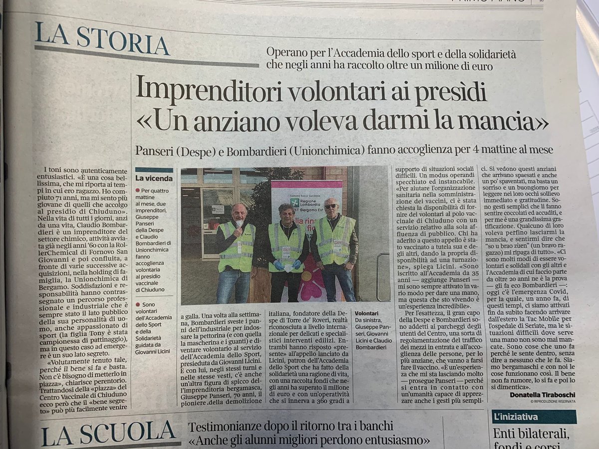Prosegue l'attività dei volontari dell'Accademia dello Sport per la Solidarietà nell'hub vaccinale di Chiuduno. Il bellissimo articolo del #Corriere #Bergamo che descrive nel modo migliore l'attività del nostro gruppo #solidarietà #sport #covid19 #accademia