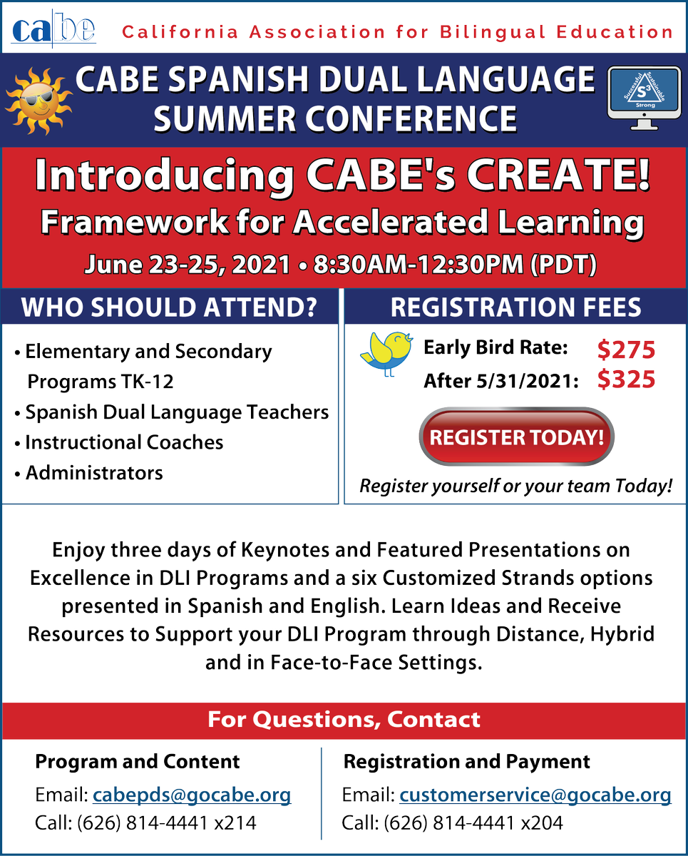CABEBEBILINGUAL's tweet photo. Register for our CABE Summer Spanish Dual Language Summer Conference! For more information: https://t.co/VUaN5yG8k0

#cabeconference #cabesummerdli #duallanguage #duallanguageresoucres #duallanguageconference #cabesummerdlconference #virtualevent #virtualconference https://t.co/zllBTiV4Yp