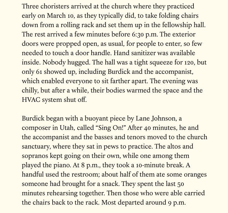 To recap, 61 careful, pandemic-aware people showed up at a huge space—distanced, no hugs, hand-sanitizers everywhere—and 53 of them got infected in *one evening*. They even propped the door open to avoid knob touching. And we got told that it was maybe fomites or snack sharing.