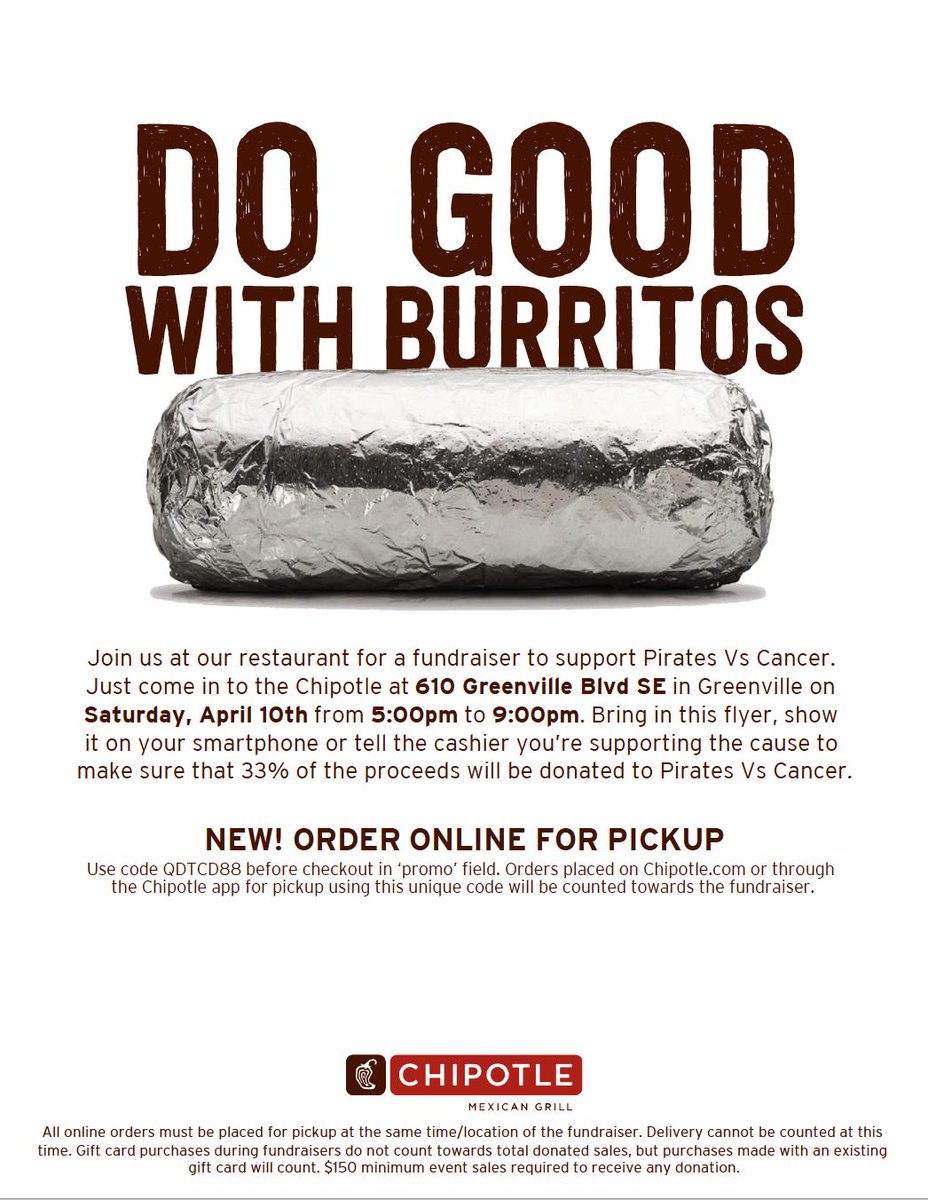Please join us at Chipotle tomorrow to support Pirates vs Cancer! Remember to bring this flier and show your support!!
