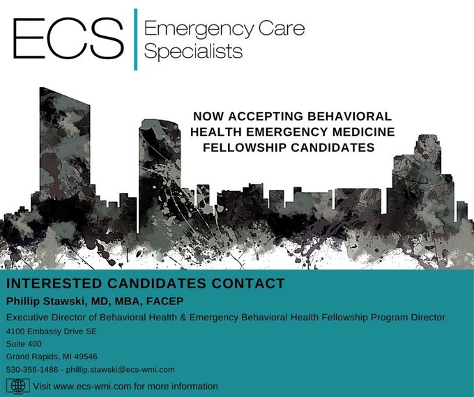 ECS (@ecs_wmi) on Twitter photo ECS is accepting candidates for a Behavioral Health Emergency Medicine Fellowship. Visit ecs-wmi.com to learn more about our innovative group!
<a href="/emresidents/">emresidents</a>, could you help us get the word out? 👍 ECS is accepting candidates for a Behavioral Health Emergency Medicine Fellowship. Visit ecs-wmi.com to learn more about our innovative group!
<a href="/emresidents/">emresidents</a>, could you help us get the word out? 👍
