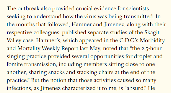 Pourquoi cette chorale a de l'importance ? Parce que la contamination aérosol était la seule possibilité pour expliquer que 52 personnes puissent se contaminer en 3h. Des chercheurs se sont emparés d'elle pour pousser la thèse d'un virus aéroporté, qui s'est par la suite imposée.