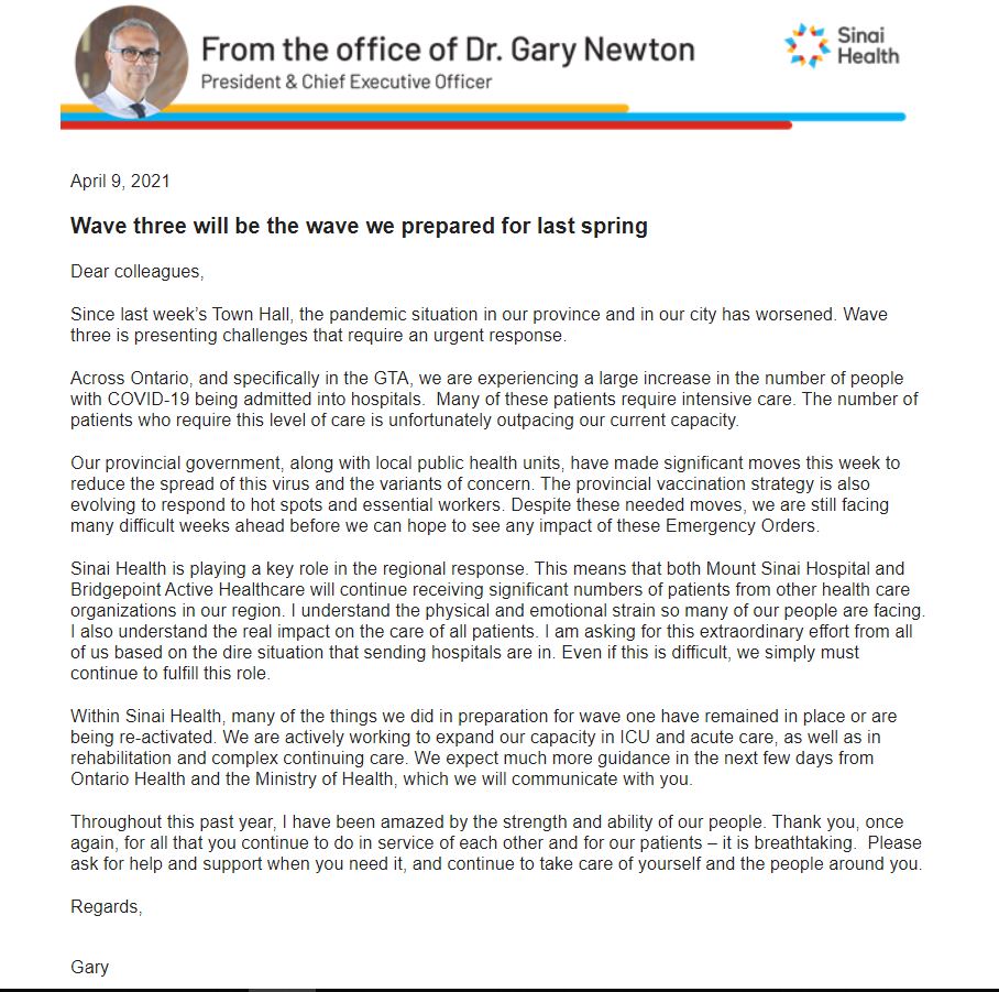 "Wave three will be the wave we prepared for last spring" writes CEO of Sinai Health to staff.  Notes the number of COVID patients requiring intensive care "unfortunately outpacing our current capacity."