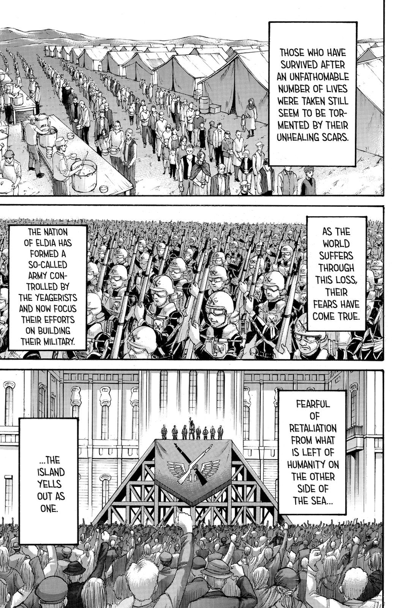 By the end of this conclusion 80% of the outside world is still wiped out so what Eren did is removed the potential for military overpowering of Paradis. They're still not "united" & gearing up for war but they have power & options. This was the saving grace of the ending for me.
