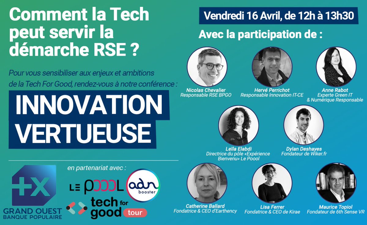 #TechForGoodTour2021
Découvrez, à travers les témoignages de structures et startups, les démarches d'innovation RSE mises en place dans le Grand Ouest :
🗓️16/04 de 12h à 13h30 en visio
👉Comment la Tech peut servir la démarche RSE ?
➡️Inscrive-vous : bit.ly/3s5CmTG