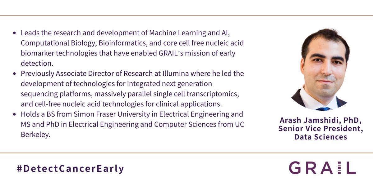 GrailBio's tweet photo. Meet Arash Jamshidi, Senior Vice President, Data Sciences. Arash leads the team that researches and develops the technologies that power GRAIL’s mission. The data sciences team has been instrumental in getting us this far! #GetToKnowGRAIL https://t.co/ylOKcsna6Q