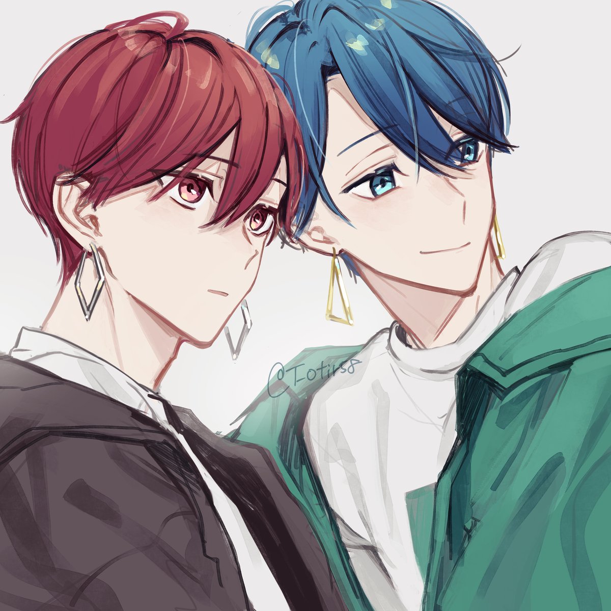 2boys multiple boys earrings jewelry blue hair red hair male focus  illustration images