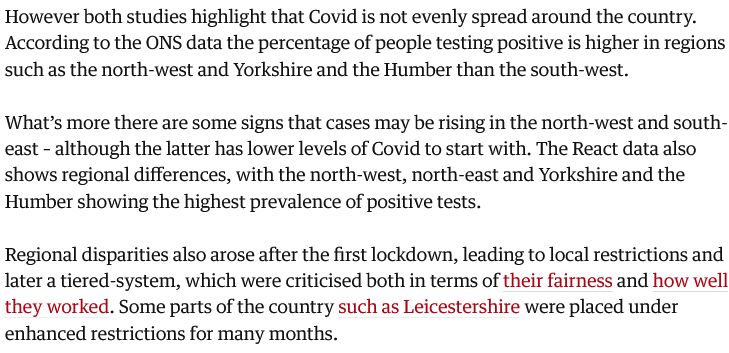 "There are some signs that cases may be rising in the north-west and south-east – although the latter has lower levels of Covid to start with." - React data shows regional differences, with north-west, north-east & Yorkshire & Humber showing high prevalence of positive tests.
