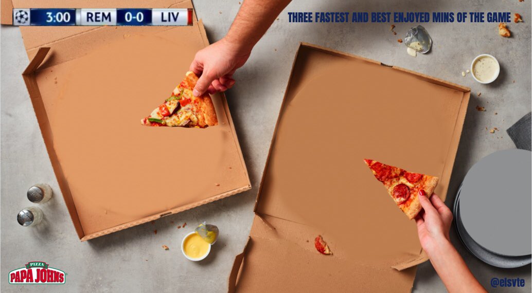 elsvte's tweet image. One Minute Brief of the Day: 
Create posters to celebrate @PapaJohns pizza as the perfect food choice for the football (soccer) viewing experience!! #PapaPizzaGoals 
@OneMinuteBriefs 

Three fastest and best enjoyed mins of the game