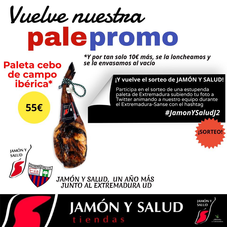 Recordad que seguimos sorteando la paleta de Extremadura desde Jamón y Salud Almendralejo (📍 C/Vistahermosa 19)

☝🏾 Sigue a @Jamonysalud y @ext_ud
✌🏾 Sube una foto disfrutando del partido usando #JamonySaludJ2