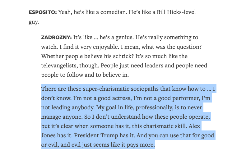 There's a line in the  @NiemanLab interview  @BrandyZadrozny did with  @bradesposito, about "super-charismatic sociopaths" who could use their skills for good or evil... and choose the latter. She was talking Alex Jones, but it applies to Tucker Carlson, too.  https://www.niemanlab.org/2021/04/the-idea-that-we-can-change-anything-i-have-given-up-on-nbc-news-brandy-zadrozny-on-documenting-the-depressing-internet/