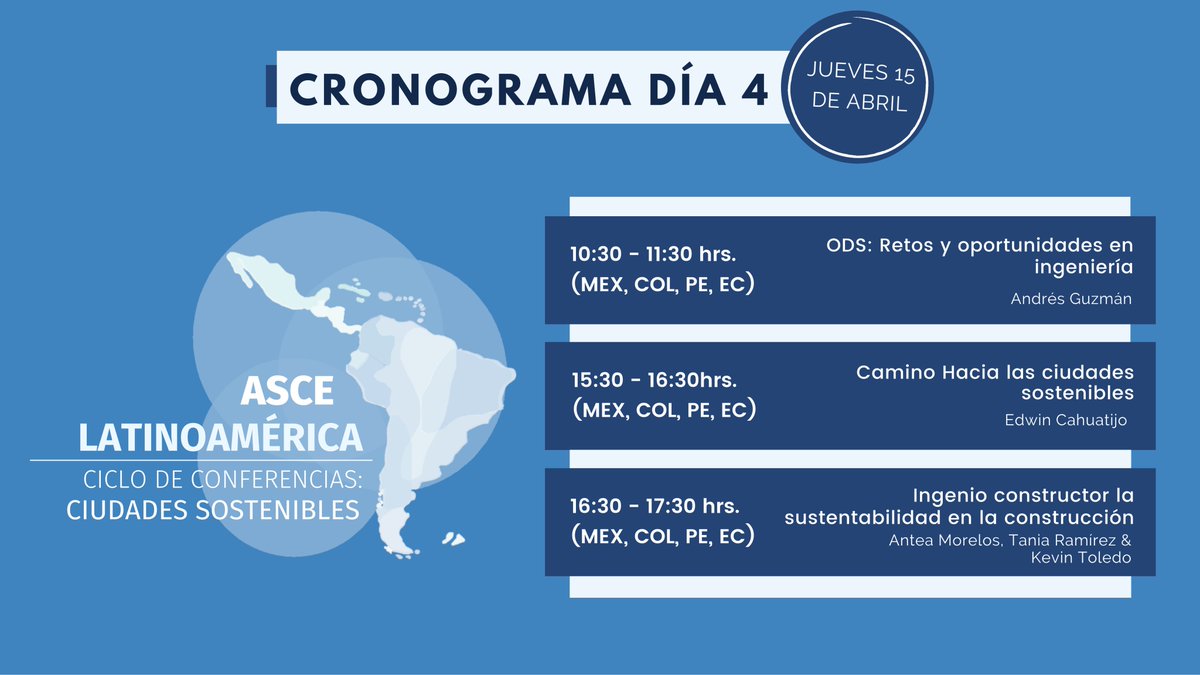 🔵CRONOGRAMA DÍA 4🔵 Ciclo de conferencias: Ciudades Sostenibles🌱 📅Jueves 15 de abril No olvides registrarte y estar pendiente de los horarios y links de las sesiones. 📩 Link de registro: forms.gle/f9ZFjPQ2EmoV52…