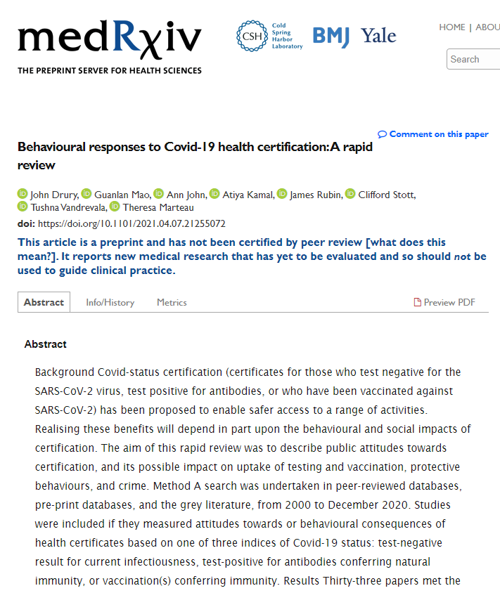 ProfJohnDrury's tweet photo. The first rapid review of the research evidence on behavioural responses to Covid-19 health certification ('vaccine passports' &amp; 'immunity certificates')

*Not yet peer reviewed*
https://t.co/1LPyfOYQvp

1/5 https://t.co/arPRC4Ia0X