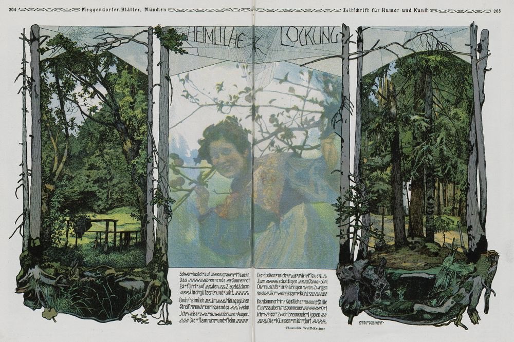 God the low contrast, colorfully rendered woman closed in by these inky forest panels!! The trees and spider webs as borders! Amazing...