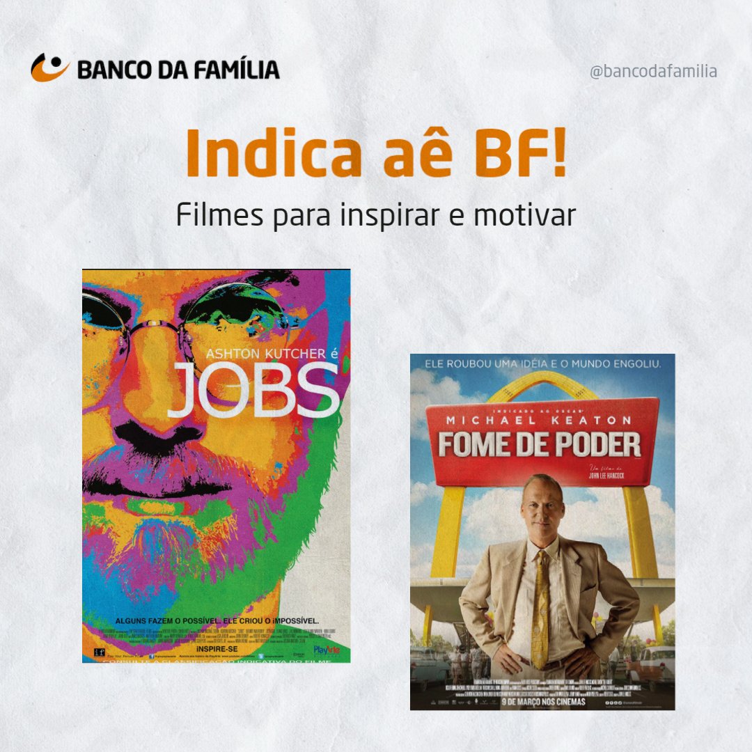 🎥 Os filmes podem nos ensinar muito, por isso separamos dois clássicos do cinema para inspirar você! 🤓

👉JOBS e Fome de poder são filmes que podemos extrair diversas lições, tanto para os negócios como para a vida. 🌟

#bancodafamilia #inspiração #filme