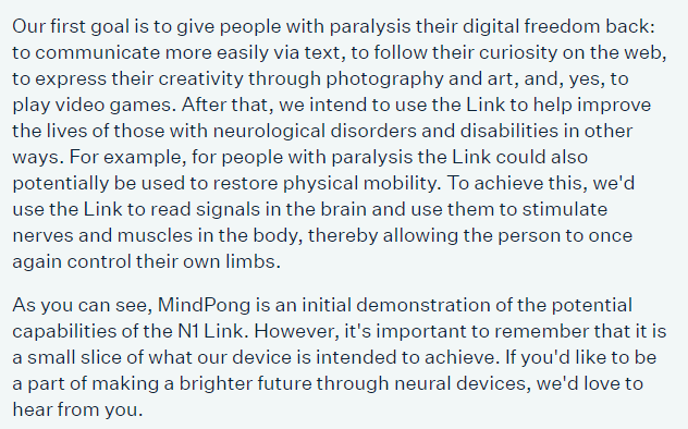15/Neuralink does plan to work with paralyzed people. Aim is to give people "their digital freedom back": let them communicate via text, take pictures, play games.